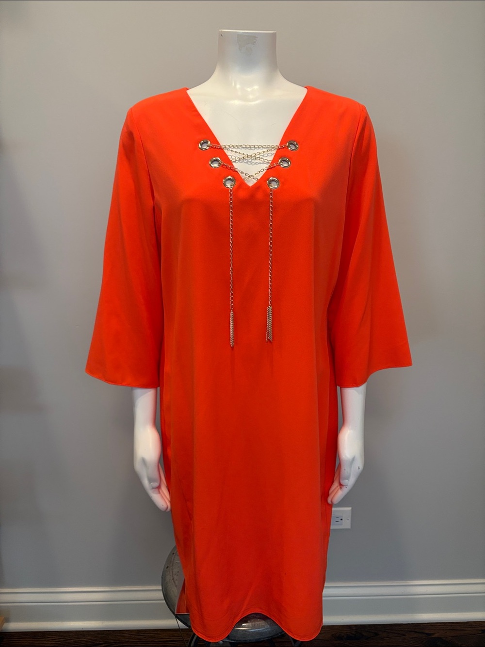 Donna Ricco Bold Orange 3/4 Sleeve V Neck Sheath Dress Size 16